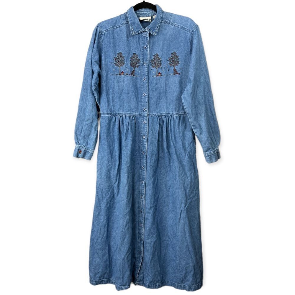 Northern Reflections Chambray Embroidered Dress Medium M Womens Midi Blue Apple
